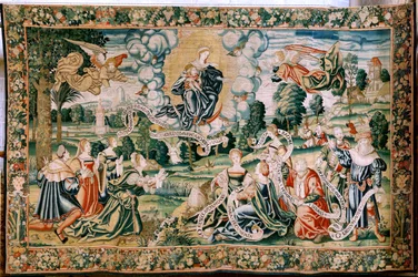 Flämische Tapisserie. Serie der Hagel. Ad te clamamus. Zweiter Wandteppich in der Serie. Herstellung Brüsseler Werkstätten, eine mögliche Herstellung durch Marc Crétif. Ca 1528. Größe 429 x 646 cm. Stoff Seide und Wolle. Standort Kathedrale von Palencia. U