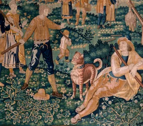 Flämischer Wandteppich. Das Gänsespiel. Atelier von Oudenaarde. 341x395cm. Inv (83058)-7 / 0008. 17. Jahrhundert.