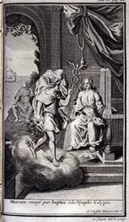 Merkur, von Jupiter zur Nymphe Kalypso gesandt. Illustration für Buch V der Odyssee von Homer, veröffentlicht in Amsterdam 1731, Privatsammlung Mailand