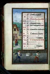 Ms 1058-1975 f.10v Zwei Männer säen Korn, illuminierte Kalenderseite für Oktober, aus einem Stundenbuch, ca. 1500 (Pergament)