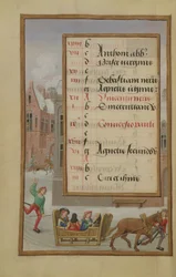 Ms 1058-1975 f1v Straßenszene im Schnee, illuminierte Kalenderseite für Januar, aus einem Stundenbuch, ca. 1500
