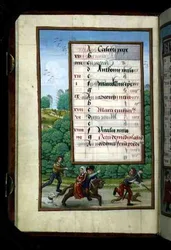 Ein Herr und seine Dame reiten mit der Jagd, beleuchtete Kalenderseite für April, aus einem Stundenbuch, ca. 1500