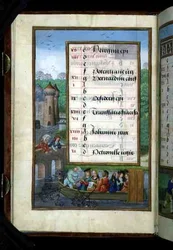 Ms 1058-1975 f5v Eine Bootsfahrt auf einem Fluss, illuminierte Kalenderseite für Mai, aus einem Stundenbuch, ca. 1500