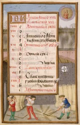Ms 1058-1975 f8r Korn dreschen in der Scheune, illuminierte Kalenderseite für August, aus einem Stundenbuch, ca. 1500