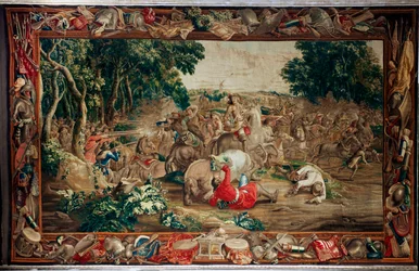 Schlossanlage Schleißheim. Flämischer Wandteppich. Brüsseler Atelier Judocus De Vos. Entwurf Lambert De Hondt. Hinterhalt. Wolle und Seide. Ca. 1715 - 1724.