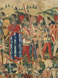 Flandrischer Wandteppich. Die Landung in Arzila. Serie Eroberungen von König Alfons I. von Portugal. Tournai.