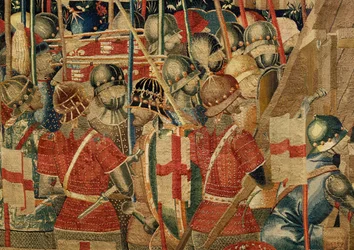 Pfarrmuseum der Wandteppiche (Museo Parroquial de Tapices de Pastrana). Flämischer Wandteppich. Belagerung von Arcila. Serie Eroberungen von König Alfonso I. von Portugal. Tournai.