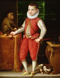 Porträt eines jungen Adligen mit einem Affen und einem Hund, ca. 1615