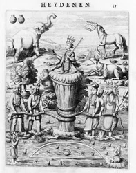 Samudramathana, mit der Teilnahme von Deva (Surya, Shiva, Vishnu, Brahma) mit Dämonen und Reittieren. Nach Baldaeus Philippus Afgoderye der oost-indische Heydenen. Amsterdam 1672