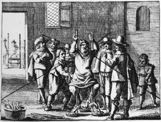 Hexenmeister, dem die Halskette gefoltert wird - Gravur von 1725 in 