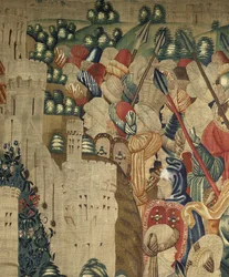 Wandteppich, der die Eroberungen von König Alfons V. von Portugal zeigt, Tournai. Detail.