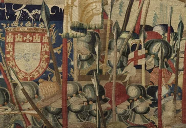 Wandteppich, der die Eroberungen von König Alfons V. von Portugal zeigt (Conquistas de Alfonso V de Portugal), Tournai. (Detail)