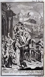 Telemach verlässt Lakedaimon auf einem Wagen mit Nestors Sohn nach Erhalt großer Geschenke von Menelaos. Illustration für Buch XV der Odyssee von Homer, veröffentlicht in Amsterdam 1731, Privatsammlung Mailand