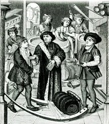 Der Bischof von Tournai empfängt den Zehnten des Bieres, gewährt von König Chilperic, nach einem Fenster der Kathedrale von Tournai