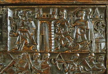 Die Courtrai-Truhe, die flämische Fußsoldaten zeigt, die französische Kavallerie besiegen (Detail)