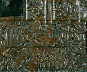 Die Courtrai-Truhe, die zwei Szenen aus der Schlacht der Goldenen Sporen in Courtrai 1302 darstellt (Detail)