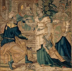 Die Universitätskollektionen. Jethros Töchter erzählen ihrem Vater von der Begegnung mit Moses. (Detail) Oudenaarde. Ca. 1550.