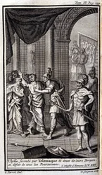 Odysseus, unterstützt von Telemachos und zwei ihrer Hirten, vertreibt alle Verfolger. Illustration für Buch XXII der Odyssee von Homer, in der Odyssee, veröffentlicht in Amsterdam 1731, Privatsammlung Mailand.