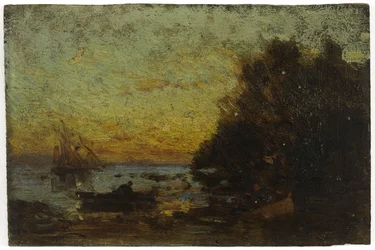 Boot und Segelboote, Sonnenuntergang. Auf der Rückseite: Marine, zwischen 1850 und 1860
