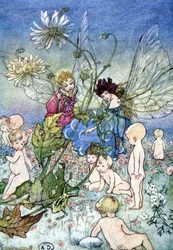 Frau-Libelle (Fee) und Elf umgeben von Babys - in „My Fairyland“ von Fiona Malcom, ill. Florence Anderson