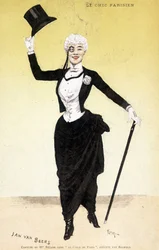 Der Pariser Chic (Dandy - Dandysmus): Mademoiselle Réjanes Kostüm in „Das Herz von Paris“. Kostüm von Modedesigner Jan Van Beers (1852-1927), ausgeführt von Redfern. Zeichnung von Florian.