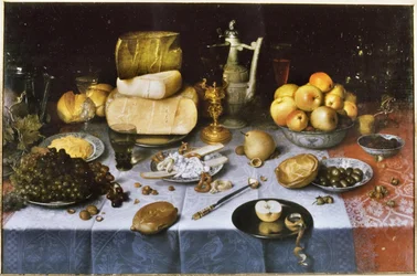 Prunkstillleben mit Früchten, Käse, Brot und Wein