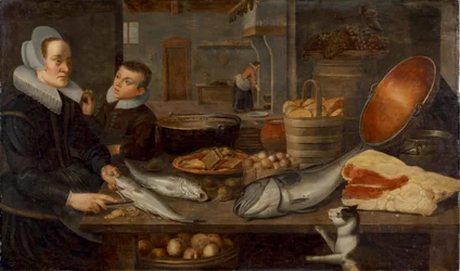 Ein Küchenstillleben mit einer Magd, die Fisch an einem Tisch reinigt, und einem Jungen, der einen Apfel hält