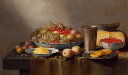 Stillleben mit Obst, Käse, Brot und einem Kelch