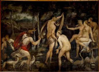 Diana (Artemis), Göttin der Jagd, und Aktäon, Jäger Gemälde der Schule von Fontainebleau (16. Jahrhundert)