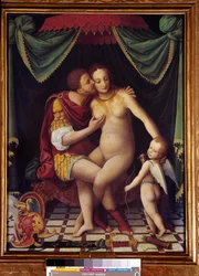 Venus und Mars Darstellung der beiden Götter beim Küssen. Malerei der Schule von Fontainebleau, 16. Jahrhundert