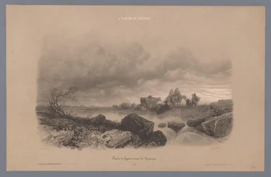 Reisende und Kühe an einem Bach in einer Landschaft