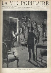 Ein Mann überrascht einen Eindringling mitten in der Nacht zu Hause. Illustration von F. Meaulle nach B. Borione für „Who knows?“ von Guy de Maupassant (1850-1893). Gravur von 1890 in „La vie populaire“. Private Sammlung