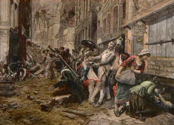 Eine Belagerungsepisode in Lille, Oktober 1792 - Belagerung von Lille 1792: die Perücke Maes benutzt eine Bombenhülle als Bartschale, um einen Kunden zu rasieren - Gravur von Meaulle nach dem Gemälde von Gaston Melingue