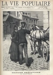 Ein wacher und lebhafter junger Mann, der aus einem Auto steigt, umarmt eifrig seine alte Mutter, würdevoll, verschleiert und in Schwarz gekleidet, und hebt halb seinen runden Hut. Illustration von E. Vulliemin für Madame Pretavoine von Hector
