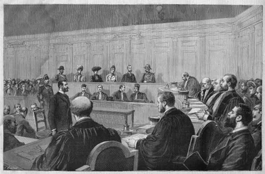 Der Skandal von Toulon im Jahr 1891: Affäre Fouroux - Jonquières - der Gerichtssaal, Zeugenaussagen - Gravur von Meaulle in „Le journal illustré“ von 1891
