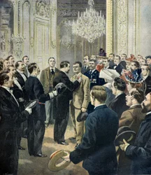 Louis Barthou dekoriert den Kutscher Georges, Retter des Bazar de la Charité, 1897 (Gravur)