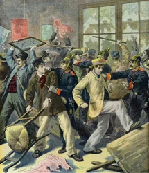 Rebellion der Wehrpflichtigen aus Elsass-Lothringen in deutschen Bahnhöfen (Gravur)