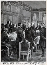 Der Rat des Nationalen Ordens der Ehrenlegion während der Dreyfus-Affäre, Gravur von F. Meaulle nach Garrey. „Le Petit Journal“, 24. April