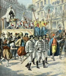 Umzug in den Straßen von Paris des Mi-Carême-Korsos 1897 (Gravur)