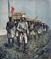 Leutnant Mizon (1853-99) auf seiner Forschungsmission von 1892 im Gebiet des Flusses Benue in Nigeria, aus „Le Petit Journal“, Juli 1892