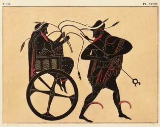 Druck der Dekoration auf einer griechischen Amphore, zeigt Triptolemus und Hermes, ca. 1858