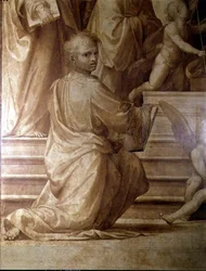 Das große Ratsaltarbild, Detail (junger kniender Heiliger)