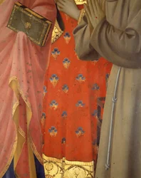 Detail des Annalena-Retabels. Tunika und Gewand von St. Johannes dem Evangelisten, St. Laurentius und St. Franziskus (Tempera auf Holz)