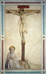 Die Kreuzigung mit der Jungfrau Maria. Inschrift "INRI" auf dem Kreuz. Fresko von Guido di Pietro (oder Fra Giovanni da Fiesole) genannt Fra Angelico oder il Beato (1400-1455)