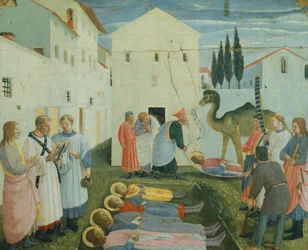 Das Begräbnis der Heiligen Cosmas und Damian, Predellenbilder, die die Geschichte der Heiligen Cosmas und Damian des San Marco Altars darstellen, ca. 1443