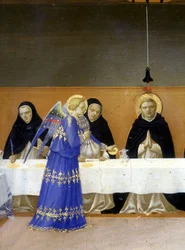 Die von Engeln bediente Mahlzeit der Mönche - der untere Teil, die Predella, der „Krönung der Jungfrau“, die Christus im Grab und sechs Episoden aus dem Leben des heiligen Dominikus, des Gründers des Ordens, dem Fra Angelico angehörte, darstellt, von