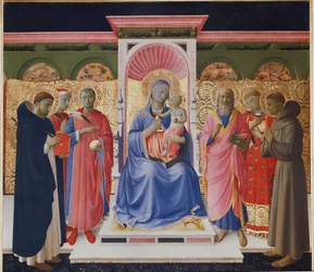 Jungfrau und Kind mit sechs Heiligen, Petrus, Cosmas und Damian, St. Johannes, St. Laurentius und St. Franziskus. Detail des Annalena-Altarbildes