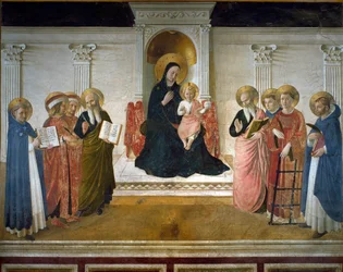 Jungfrau der Schatten oder „Heilige Konversation“ oder „Jungfrau mit Kind und acht Heiligen: Dominikus, der heilige Cosimo (Come oder Cosimo) und der heilige Damian, der heilige Markus, der heilige Johannes der Evangelist, der heilige Thomas von Aquin