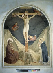 Kreuzigung mit der Jungfrau und dem heiligen Dominikus. Fresko von Guido di Pietro