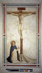 Kreuzigung mit dem heiligen Dominikus. Inschrift "INRI" auf dem Kreuz. Fresko von Guido di Pietro